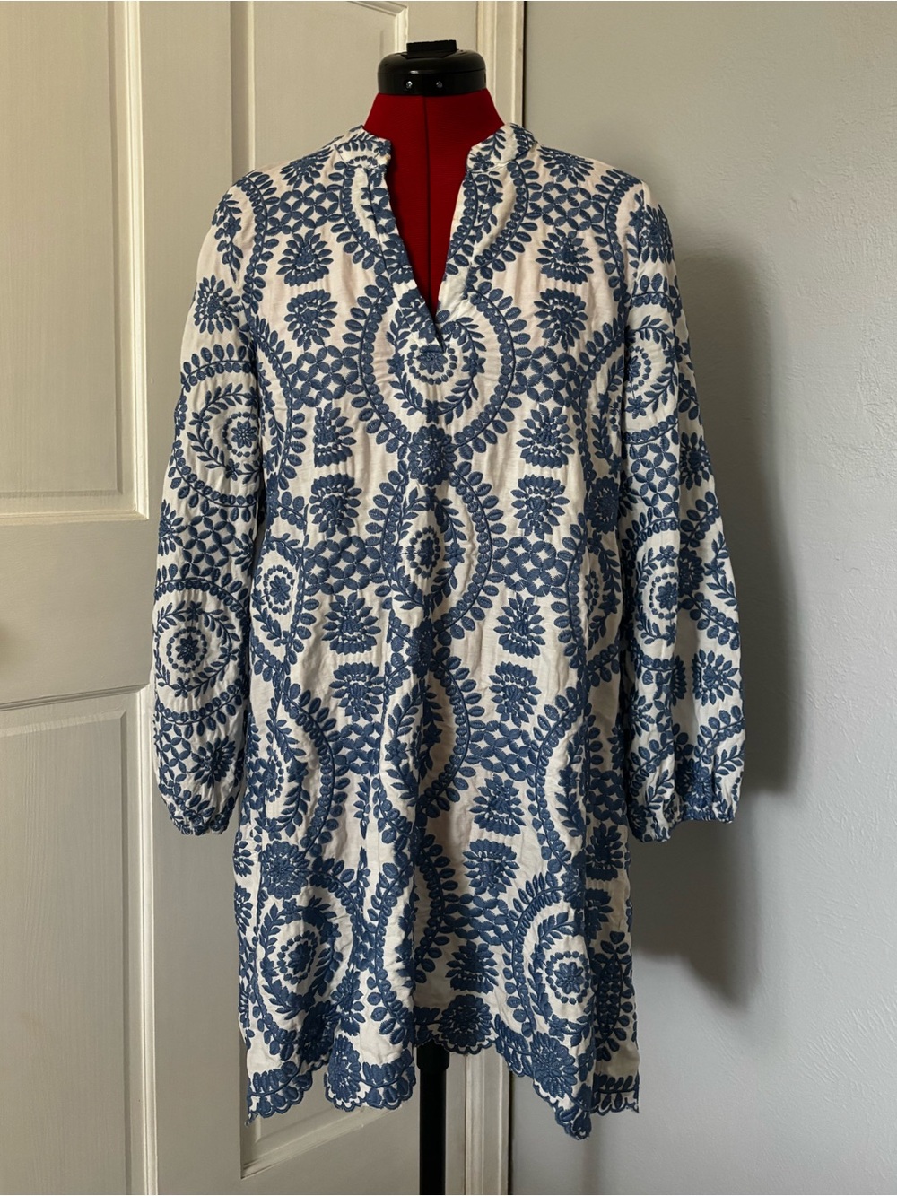 Blue and White Embroidered Long-Sleeve Tunic Dress